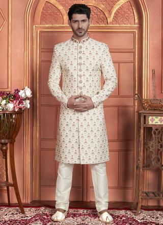 Cream Art Silk Readymade Sherwani with Embroidery Work for Wedding Wear