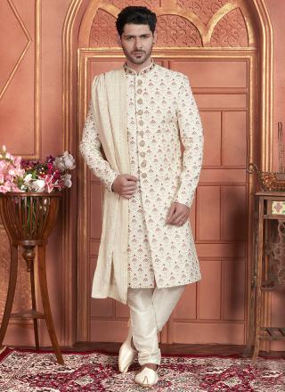 Cream Art Silk Readymade Sherwani with Embroidery Work for Wedding Wear