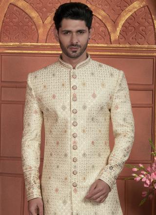 Cream Dhupion Art Silk Readymade Sherwani with Thread Work for Wedding Wear