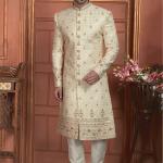 Cream Dhupion Art Silk Readymade Sherwani with Thread Work for Wedding Wear