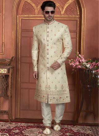 Cream Dhupion Art Silk Readymade Sherwani with Thread Work for Wedding Wear