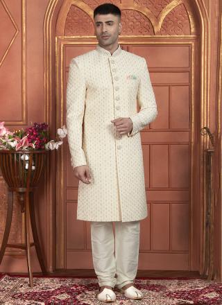 Cream Dhupion Art Silk Readymade Sherwani with Thread Work for Wedding Wear