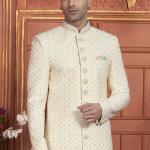 Cream Dhupion Art Silk Readymade Sherwani with Thread Work for Wedding Wear