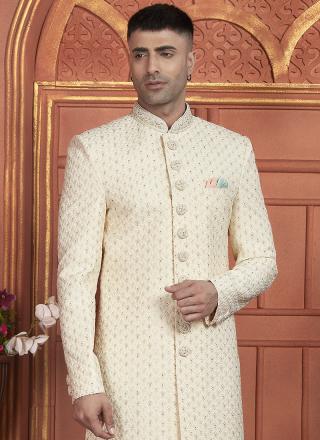 Cream Dhupion Art Silk Readymade Sherwani with Thread Work for Wedding Wear