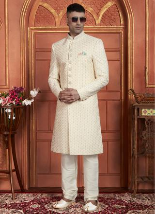 Cream Dhupion Art Silk Readymade Sherwani with Thread Work for Wedding Wear