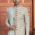 Green Art Silk Readymade Sherwani with Embroidery Work for Wedding Wear