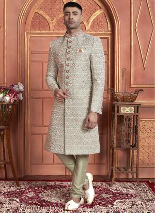 Green Art Silk Readymade Sherwani with Embroidery Work for Wedding Wear