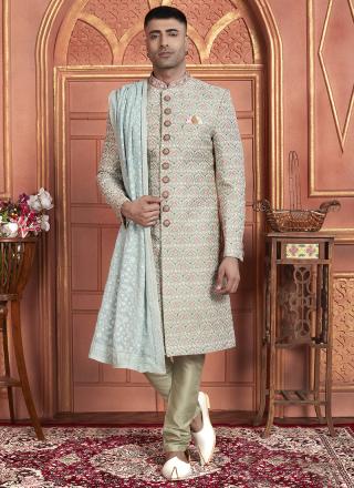 Green Art Silk Readymade Sherwani with Embroidery Work for Wedding Wear