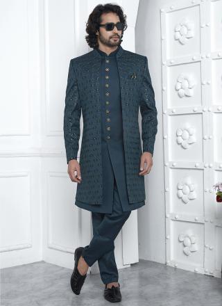 Green Art Silk Readymade Sherwani with Pattern Design for Wedding Wear