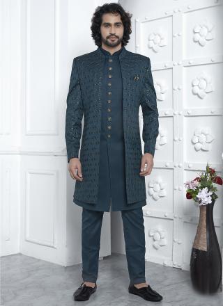 Green Art Silk Readymade Sherwani with Pattern Design for Wedding Wear