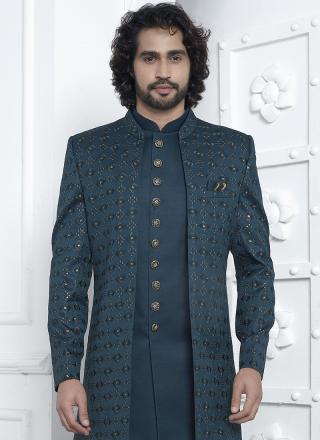 Green Art Silk Readymade Sherwani with Pattern Design for Wedding Wear