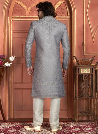 Grey Art Silk Readymade Sherwani with Embroidery Work for Wedding Wear