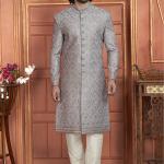 Grey Art Silk Readymade Sherwani with Embroidery Work for Wedding Wear