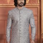 Grey Art Silk Readymade Sherwani with Embroidery Work for Wedding Wear