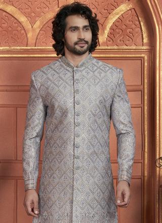 Grey Art Silk Readymade Sherwani with Embroidery Work for Wedding Wear