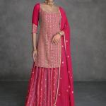 Hot Pink Real Georgette Wedding Wear Embroidery Work Readymade Palazzo Suit