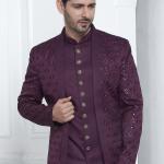 Magenta Art Silk Readymade Sherwani with Pattern Design for Wedding Wear