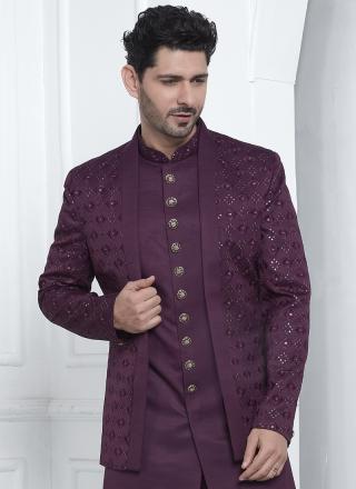 Magenta Art Silk Readymade Sherwani with Pattern Design for Wedding Wear