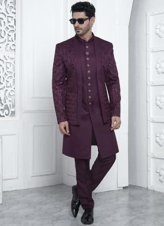 Magenta Art Silk Readymade Sherwani with Pattern Design for Wedding Wear