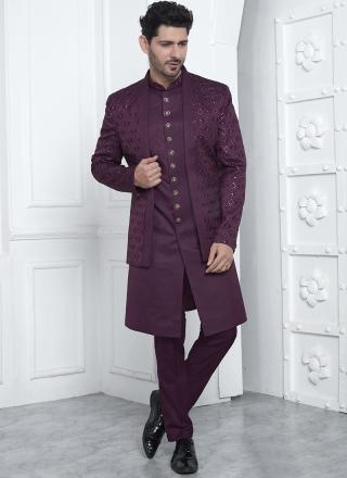 Magenta Art Silk Readymade Sherwani with Pattern Design for Wedding Wear