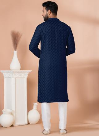 Navy Blue Georgette Readymade Kurta Pajama with Sequins Work for Festival Wear