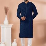 Navy Blue Georgette Readymade Kurta Pajama with Sequins Work for Festival Wear