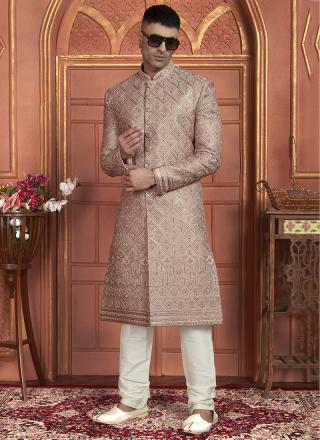 Onion Art Silk Readymade Sherwani with Embroidery Work for Wedding Wear