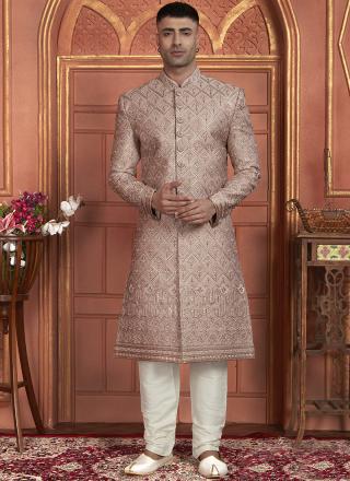 Onion Art Silk Readymade Sherwani with Embroidery Work for Wedding Wear