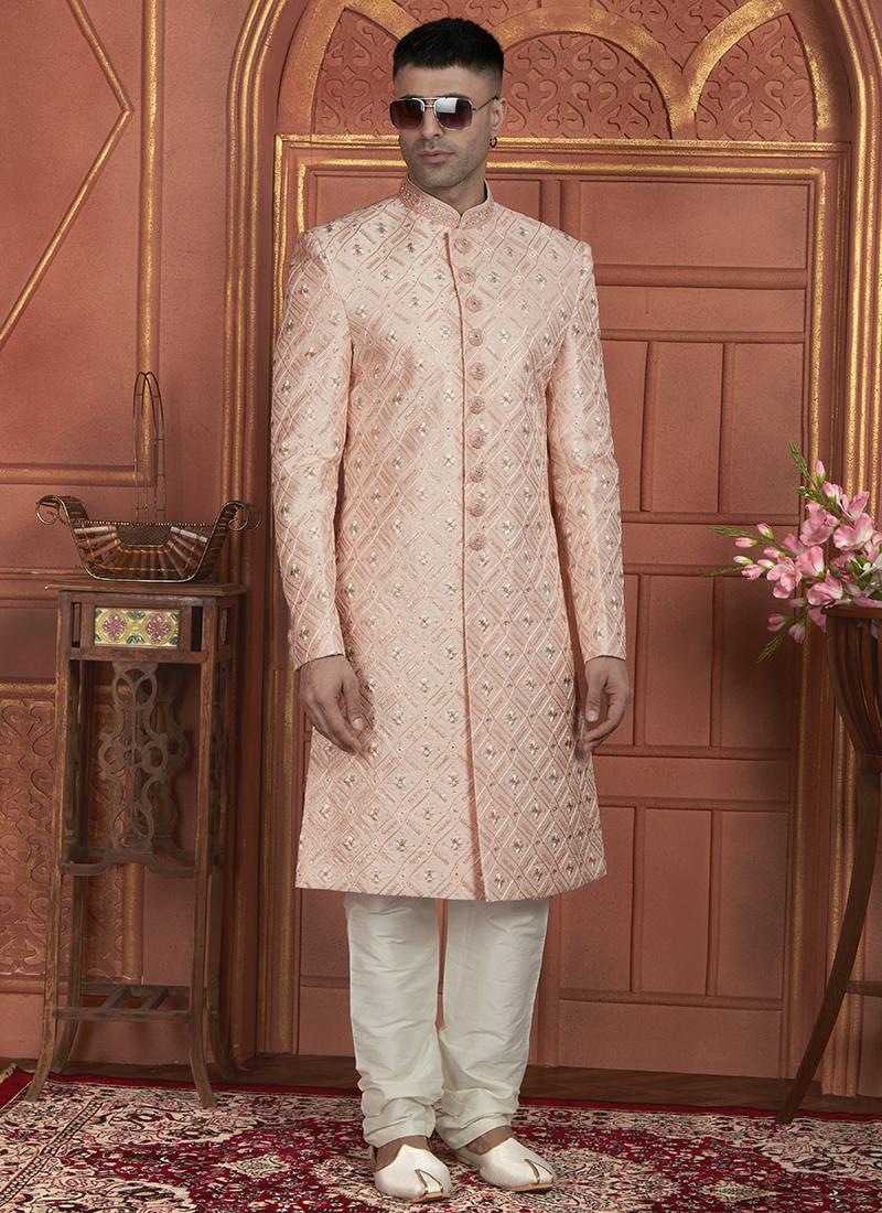 Peach Dhupion Art Silk Readymade Sherwani with Thread Work for Wedding Wear