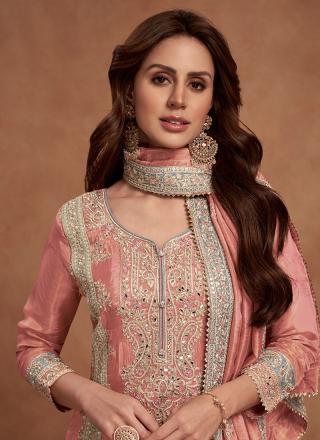 Peach Shimmer Silk Readymade Palazzo Suit with Embroidery Work for Wedding Wear