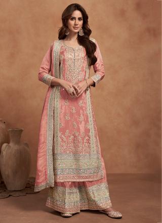 Peach Shimmer Silk Readymade Palazzo Suit with Embroidery Work for Wedding Wear