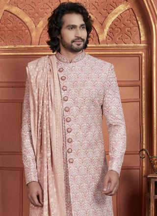 Pink Art Silk Readymade Sherwani with Embroidery Work for Wedding Wear