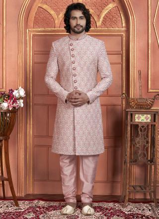 Pink Art Silk Readymade Sherwani with Embroidery Work for Wedding Wear