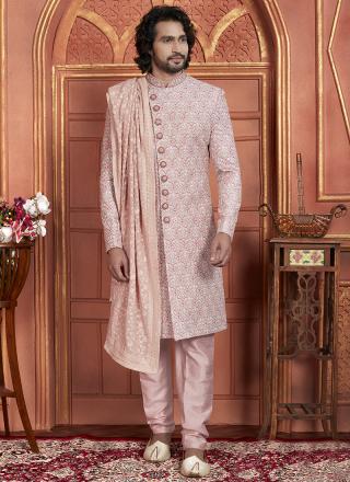 Pink Art Silk Readymade Sherwani with Embroidery Work for Wedding Wear