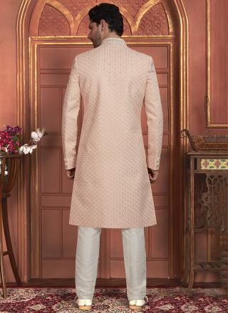 Pink Dhupion Art Silk Readymade Sherwani with Thread Work for Wedding Wear