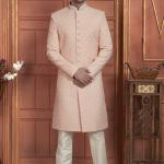 Pink Dhupion Art Silk Readymade Sherwani with Thread Work for Wedding Wear