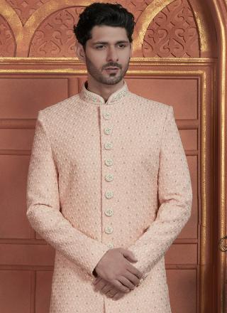 Pink Dhupion Art Silk Readymade Sherwani with Thread Work for Wedding Wear