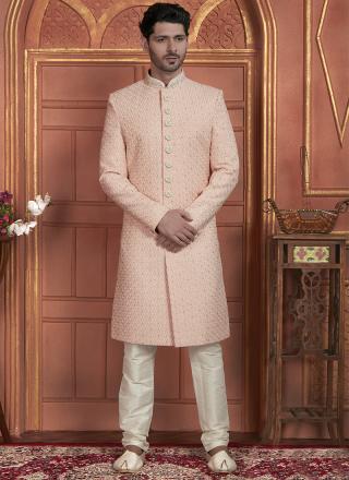 Pink Dhupion Art Silk Readymade Sherwani with Thread Work for Wedding Wear