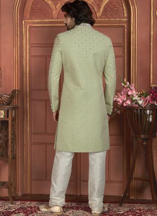 Pista Green Dhupion Art Silk Readymade Sherwani with Thread Work for Wedding Wear