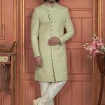 Pista Green Dhupion Art Silk Readymade Sherwani with Thread Work for Wedding Wear