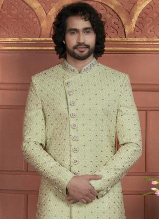 Pista Green Dhupion Art Silk Readymade Sherwani with Thread Work for Wedding Wear