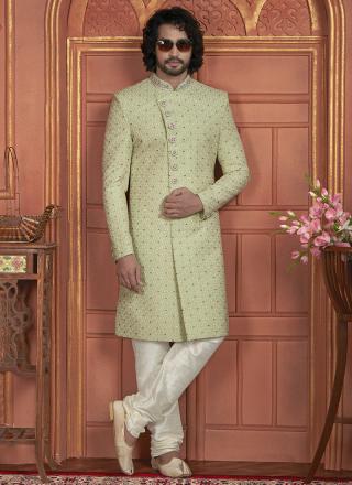 Pista Green Dhupion Art Silk Readymade Sherwani with Thread Work for Wedding Wear