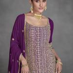 Elegant Purple Real Georgette Wedding Wear Embroidery Work Readymade Palazzo Suit