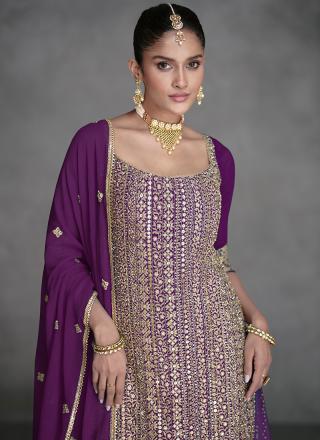 Elegant Purple Real Georgette Wedding Wear Embroidery Work Readymade Palazzo Suit