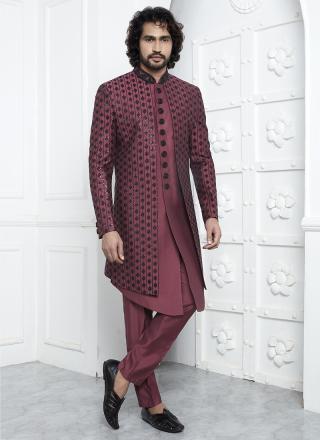 Rose Pink Art Silk Readymade Sherwani with Embroidery Work for Wedding Wear