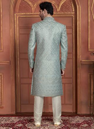 Sky Blue Dhupion Art Silk Readymade Sherwani with Thread Work for Wedding Wear