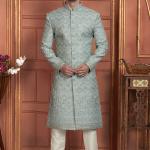 Sky Blue Dhupion Art Silk Readymade Sherwani with Thread Work for Wedding Wear