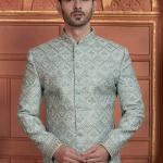 Sky Blue Dhupion Art Silk Readymade Sherwani with Thread Work for Wedding Wear