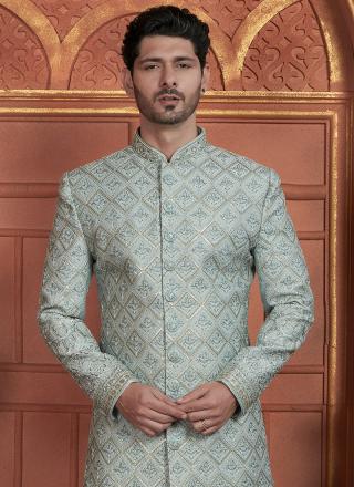 Sky Blue Dhupion Art Silk Readymade Sherwani with Thread Work for Wedding Wear