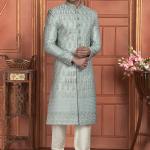 Sky Blue Dhupion Art Silk Readymade Sherwani with Thread Work for Wedding Wear